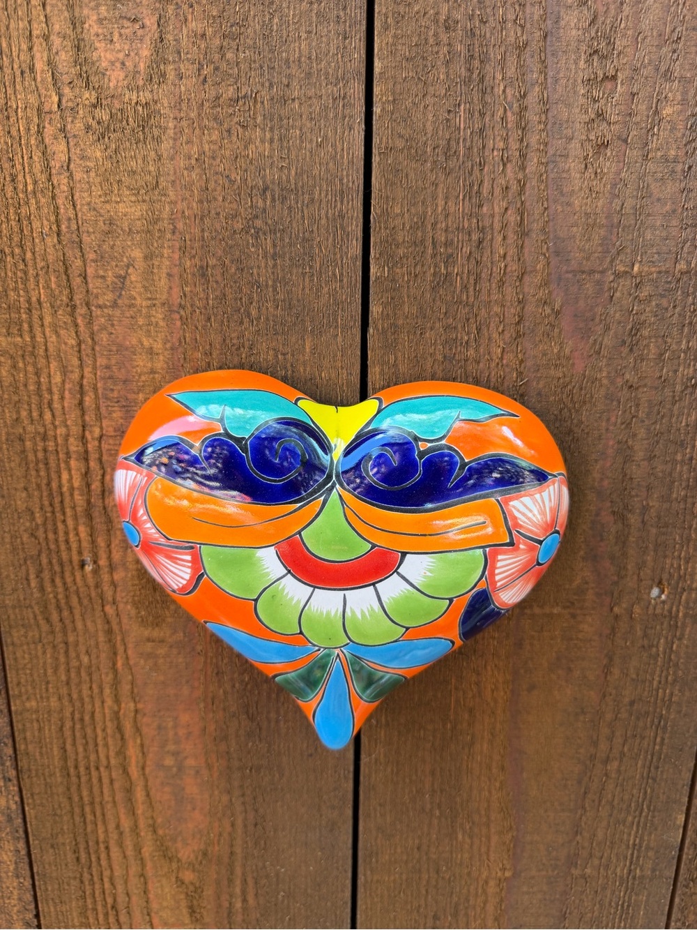 Hand-Painted Talavera Heart Wall Art - Vibrant Orange Floral Design